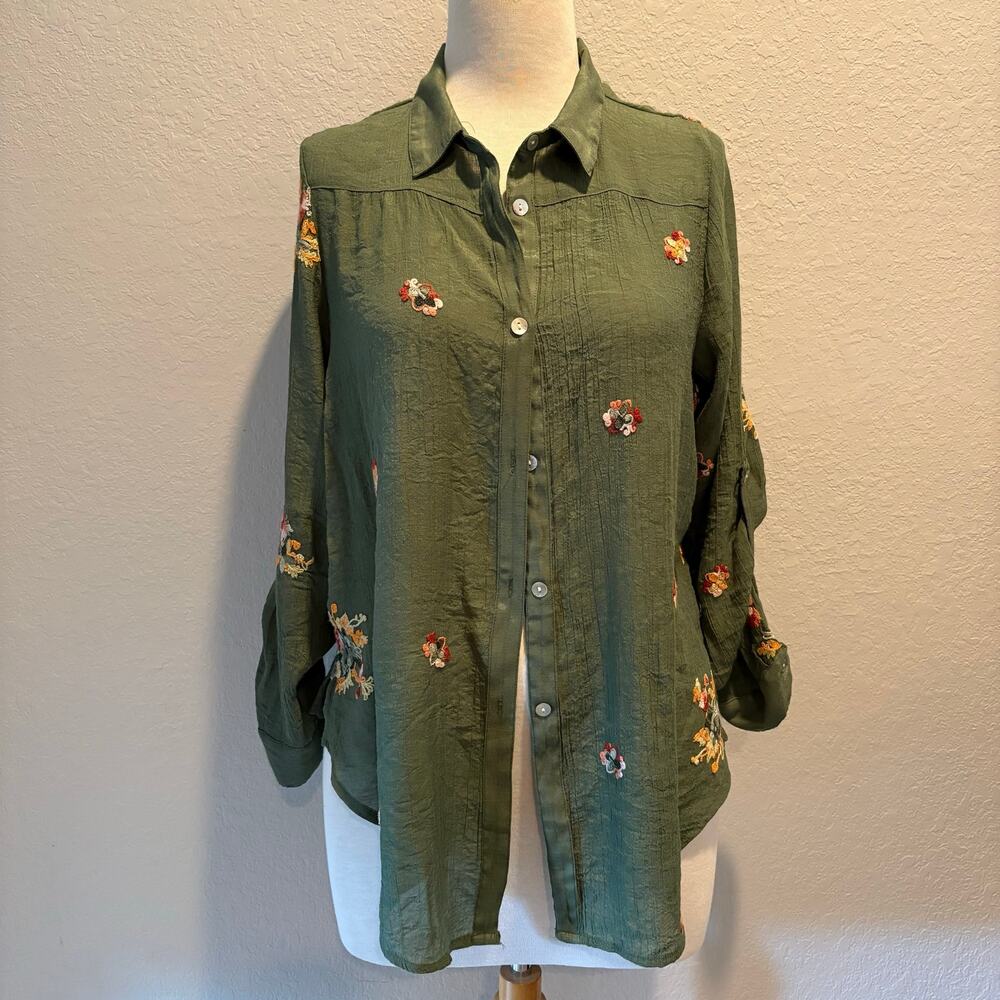 FIG & FLOWER by Anthropology Blouse Embroidered Floral Details Sz L Cottagecore